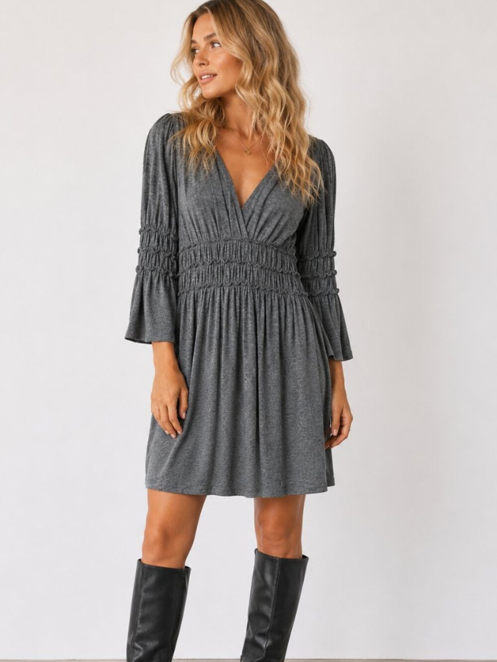 MAX STUDIO Charcoal Gray Smocked Empire Waist V-Neck Knit Dress 3/4 Sleeves M